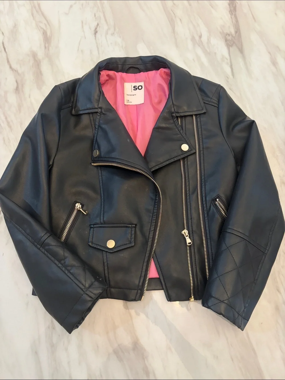 SO Black Faux Leather Biker Jacket with Pink Lining